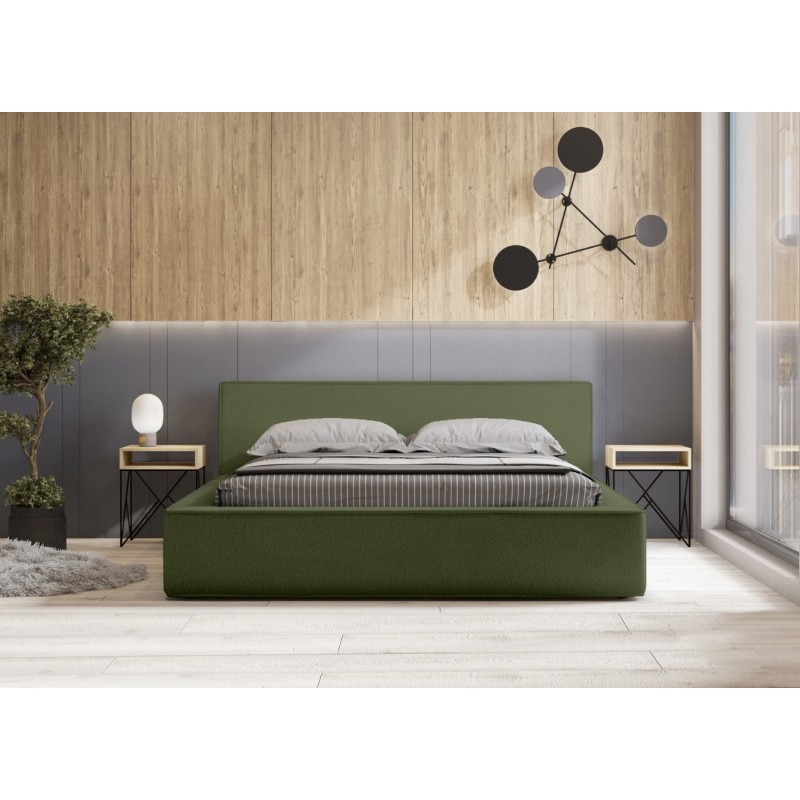 Lit coffre DENALI – Olive bouclé – 140x200 cm – Tissu velours doux – Sommier relevable – Rangement intégré