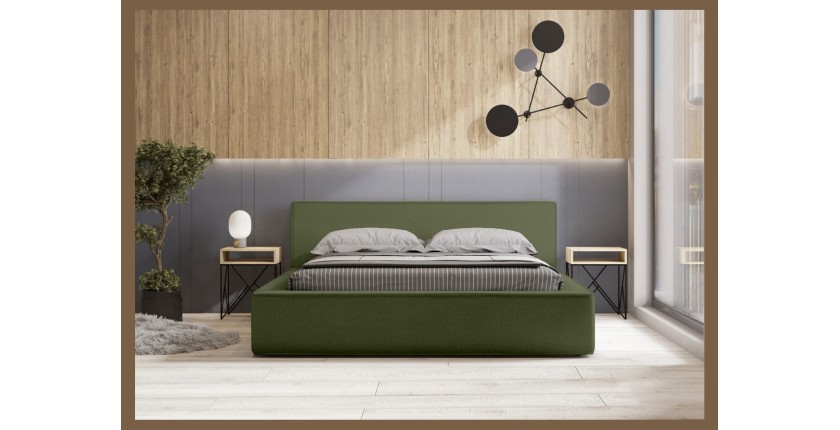 Lit coffre DENALI – Olive bouclé – 140x200 cm – Tissu velours doux – Sommier relevable – Rangement intégré