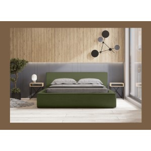 Lit coffre DENALI – Olive bouclé – 140x200 cm – Tissu velours doux – Sommier relevable – Rangement intégré