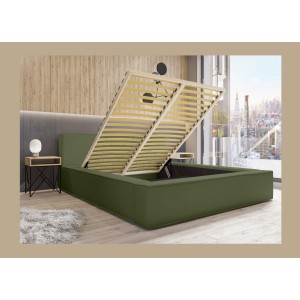 Lit coffre DENALI – Olive bouclé – 140x200 cm – Tissu velours doux – Sommier relevable – Rangement intégré 