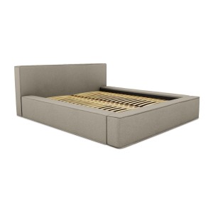 Lit coffre DENALI – Lin naturel bouclé – 180x200 cm – Tissu effet laine – Sommier relevable – Rangement intégré 