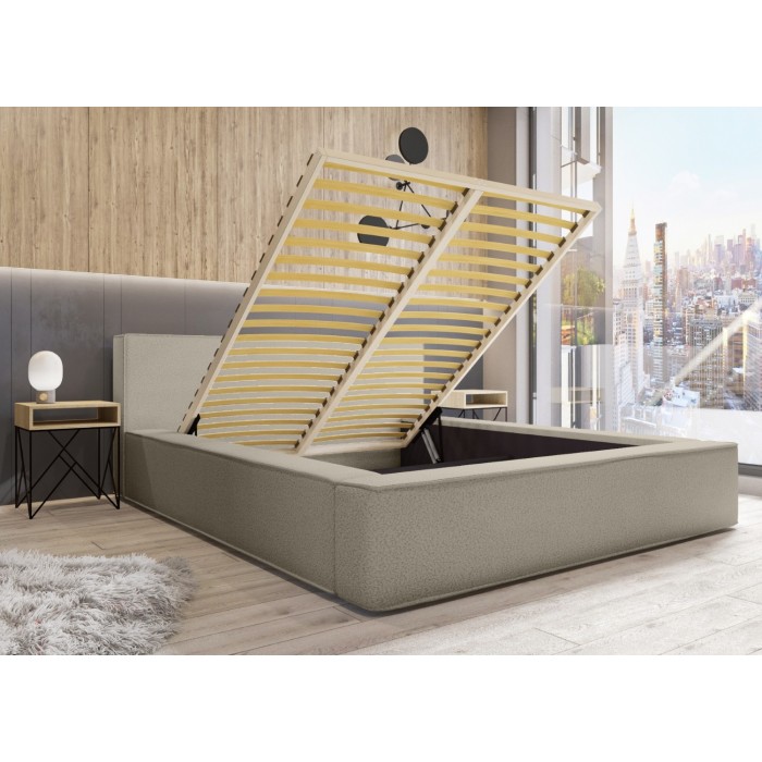 Lit coffre DENALI – Lin naturel bouclé – 180x200 cm – Tissu effet laine – Sommier relevable – Rangement intégré 