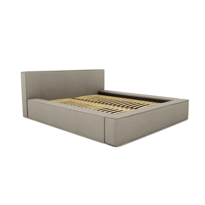 Lit coffre DENALI – Lin naturel bouclé – 160x200 cm – Tissu effet laine – Sommier relevable – Rangement intégré 