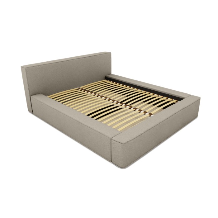 Lit coffre DENALI – Lin naturel bouclé – 160x200 cm – Tissu effet laine – Sommier relevable – Rangement intégré 