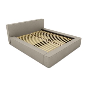 Lit coffre DENALI – Lin naturel bouclé – 160x200 cm – Tissu effet laine – Sommier relevable – Rangement intégré 