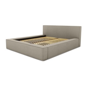 Lit coffre DENALI – Lin naturel bouclé – 160x200 cm – Tissu effet laine – Sommier relevable – Rangement intégré 