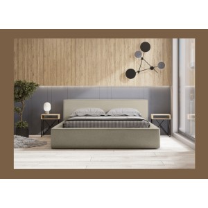 Lit coffre DENALI – Lin naturel bouclé – 160x200 cm – Tissu effet laine – Sommier relevable – Rangement intégré