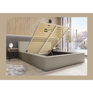 Lit coffre DENALI – Lin naturel bouclé – 160x200 cm – Tissu effet laine – Sommier relevable – Rangement intégré 