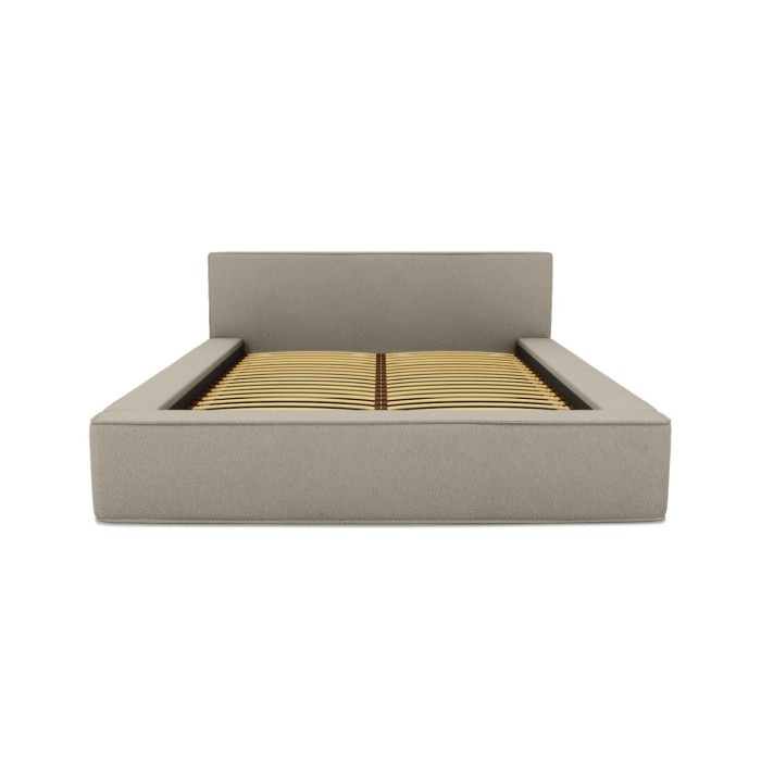 Lit coffre DENALI – Lin naturel bouclé – 140x200 cm – Tissu effet laine – Sommier relevable – Rangement intégré 