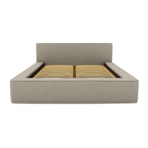 Lit coffre DENALI – Lin naturel bouclé – 140x200 cm – Tissu effet laine – Sommier relevable – Rangement intégré 