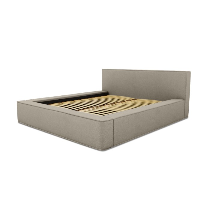 Lit coffre DENALI – Lin naturel bouclé – 140x200 cm – Tissu effet laine – Sommier relevable – Rangement intégré 
