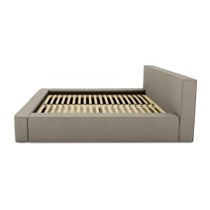 Lit coffre DENALI – Lin naturel bouclé – 140x200 cm – Tissu effet laine – Sommier relevable – Rangement intégré 