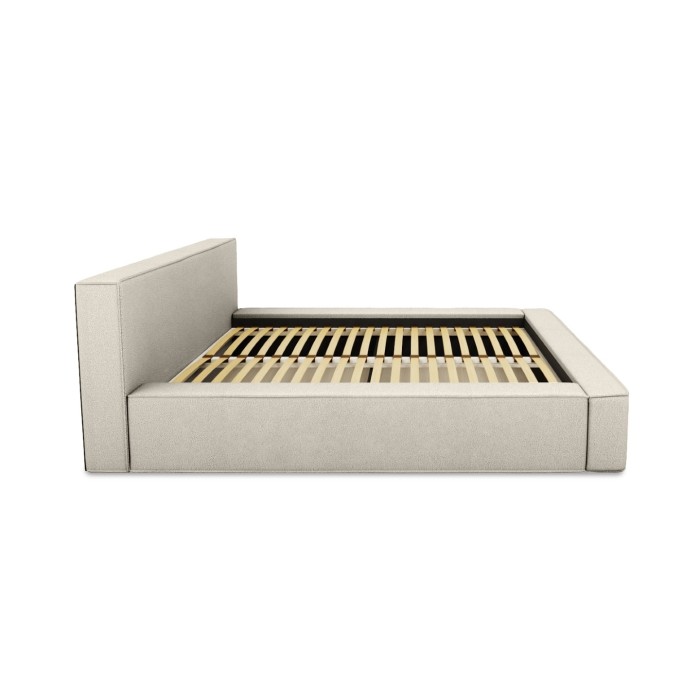 Lit coffre DENALI – Lin naturel bouclé – 140x200 cm – Tissu effet laine – Sommier relevable – Rangement intégré 