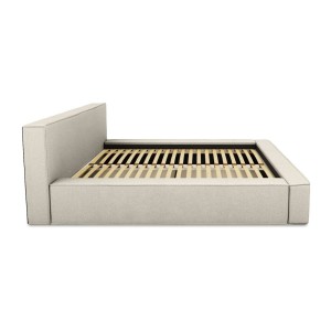 Lit coffre DENALI – Lin naturel bouclé – 140x200 cm – Tissu effet laine – Sommier relevable – Rangement intégré 