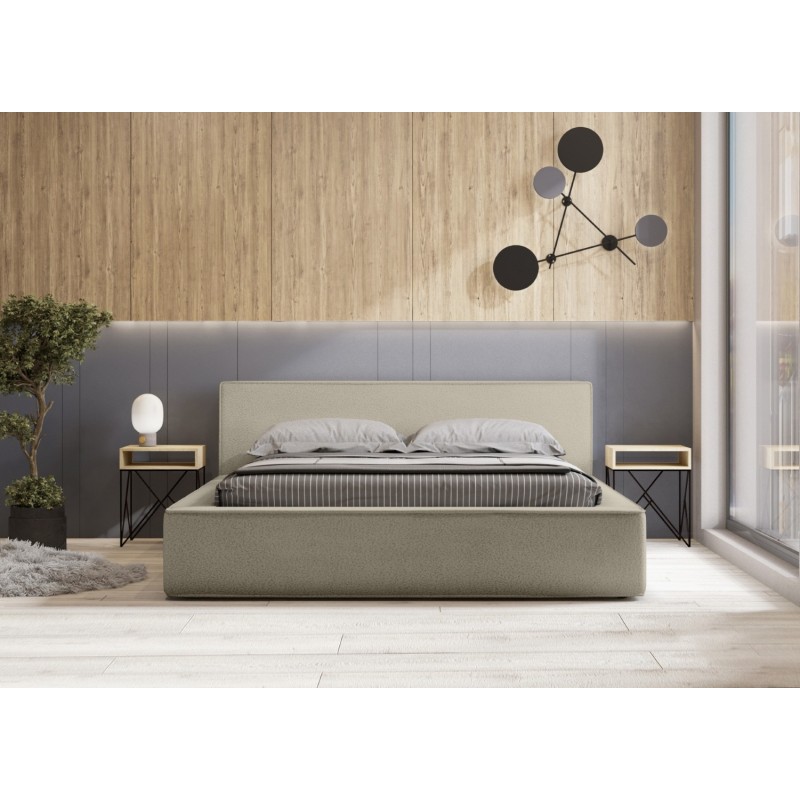 Lit coffre DENALI – Lin naturel bouclé – 140x200 cm – Tissu effet laine – Sommier relevable – Rangement intégré