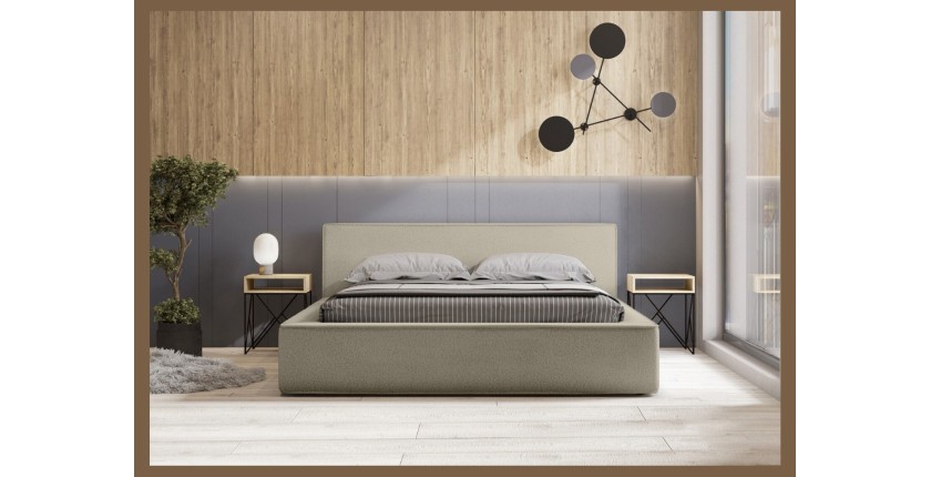 Lit coffre DENALI – Lin naturel bouclé – 140x200 cm – Tissu effet laine – Sommier relevable – Rangement intégré