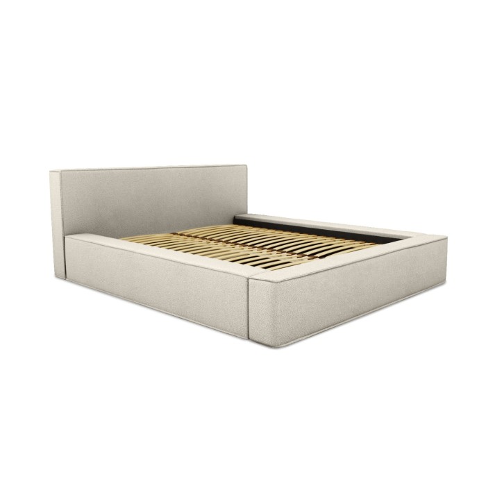 Lit coffre DENALI – Sable bouclé – 180x200 cm – Tissu effet laine – Sommier relevable – Rangement intégré 