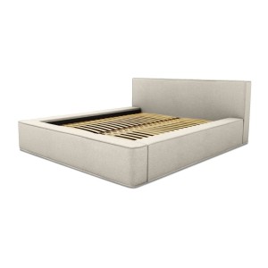 Lit coffre DENALI – Sable bouclé – 180x200 cm – Tissu effet laine – Sommier relevable – Rangement intégré 