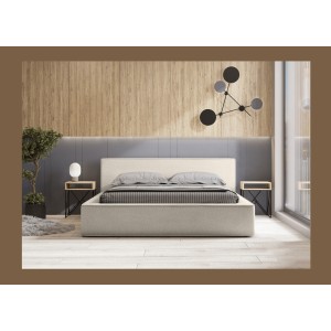 Lit coffre DENALI – Sable bouclé – 180x200 cm – Tissu effet laine – Sommier relevable – Rangement intégré