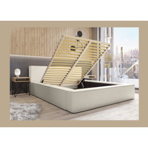Lit coffre DENALI – Sable bouclé – 180x200 cm – Tissu effet laine – Sommier relevable – Rangement intégré 
