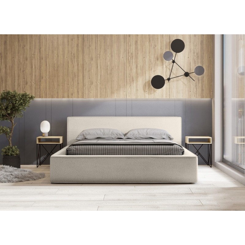 Lit coffre DENALI – Sable bouclé – 160x200 cm – Tissu effet laine – Sommier relevable – Rangement intégré