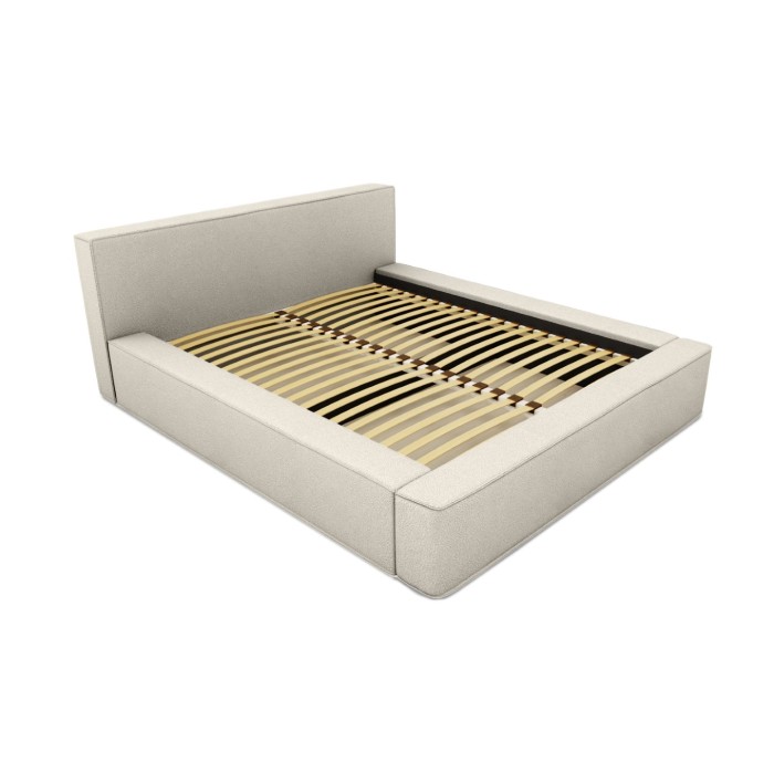 Lit coffre DENALI – Sable bouclé – 140x200 cm – Tissu effet laine – Sommier relevable – Rangement intégré 