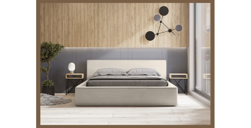 Lit coffre DENALI – Sable bouclé – 140x200 cm – Tissu effet laine – Sommier relevable – Rangement intégré