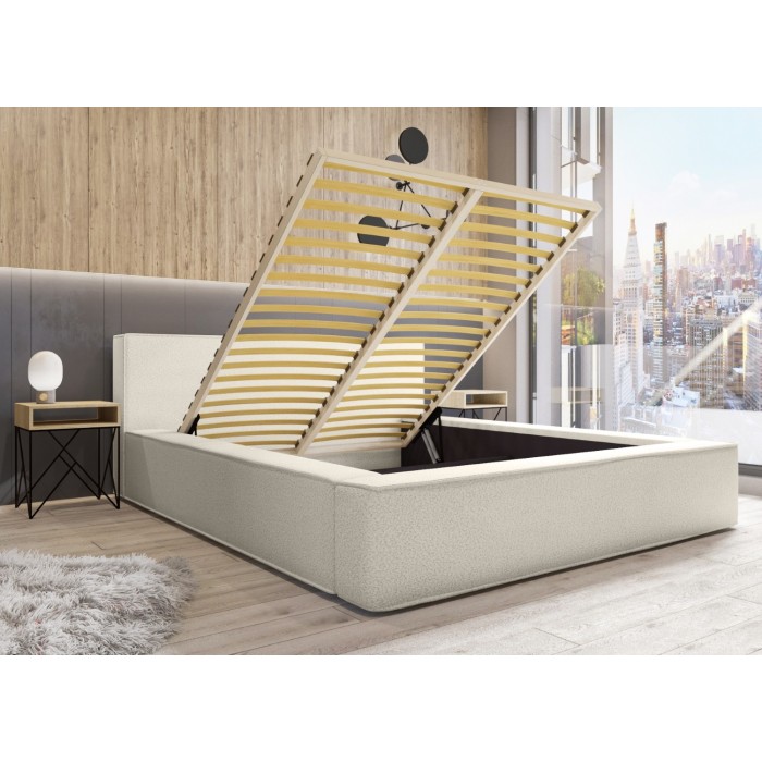 Lit coffre DENALI – Sable bouclé – 140x200 cm – Tissu effet laine – Sommier relevable – Rangement intégré 