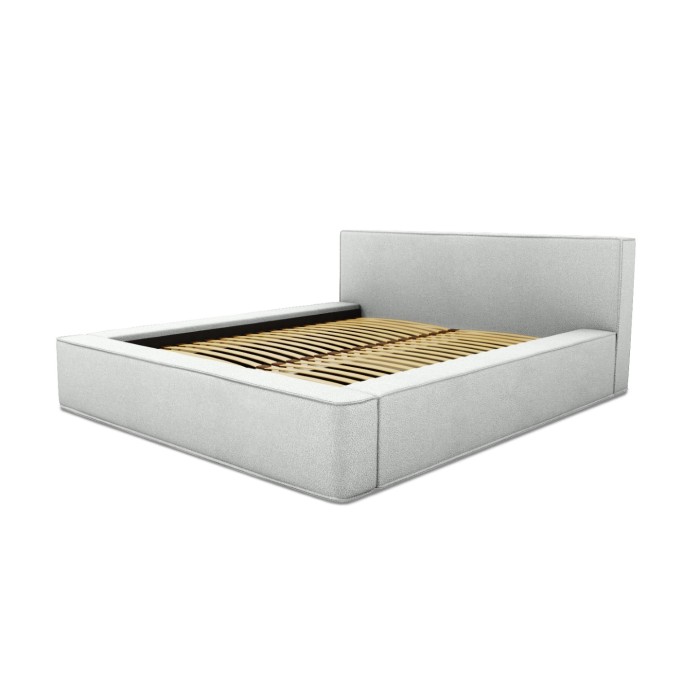 Lit coffre DENALI – Blanc bouclé – 180x200 cm – Tissu effet laine – Sommier relevable – Rangement intégré 