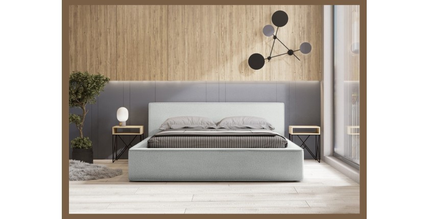 Lit coffre DENALI – Blanc bouclé – 180x200 cm – Tissu effet laine – Sommier relevable – Rangement intégré