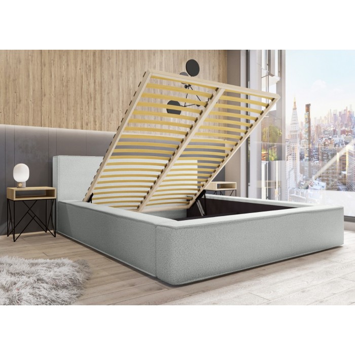 Lit coffre DENALI – Blanc bouclé – 180x200 cm – Tissu effet laine – Sommier relevable – Rangement intégré 