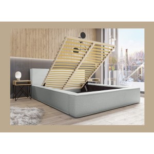 Lit coffre DENALI – Blanc bouclé – 180x200 cm – Tissu effet laine – Sommier relevable – Rangement intégré 