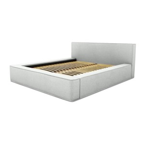 Lit coffre DENALI – Blanc bouclé – 160x200 cm – Tissu effet laine – Sommier relevable – Rangement intégré 