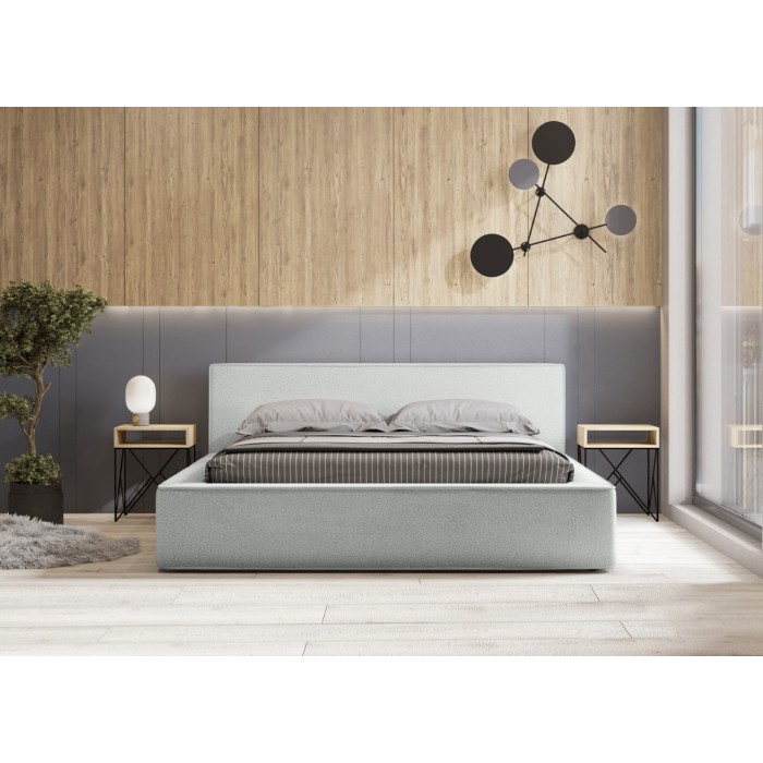 Lit coffre DENALI – Blanc bouclé – 160x200 cm – Tissu effet laine – Sommier relevable – Rangement intégré