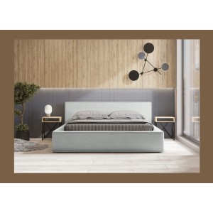 Lit coffre DENALI – Blanc bouclé – 160x200 cm – Tissu effet laine – Sommier relevable – Rangement intégré