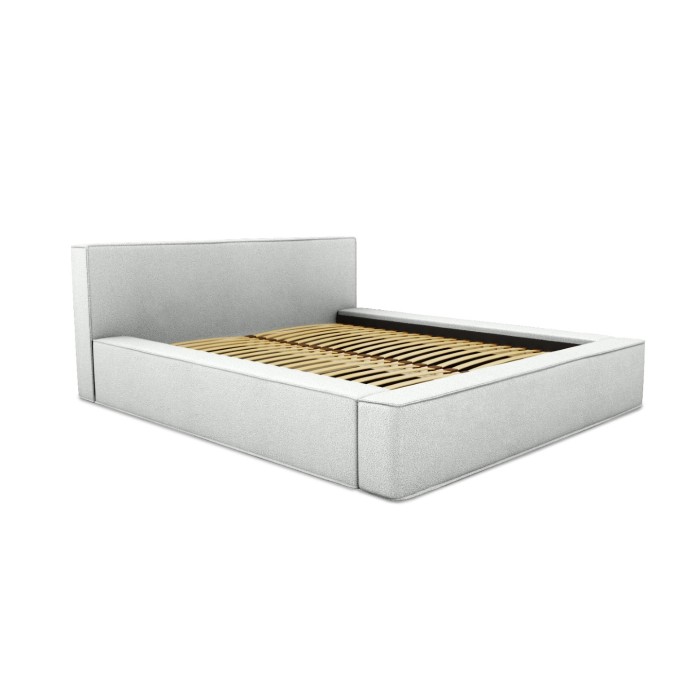 Lit coffre DENALI – Blanc bouclé – 140x200 cm – Tissu effet laine – Sommier relevable – Rangement intégré 