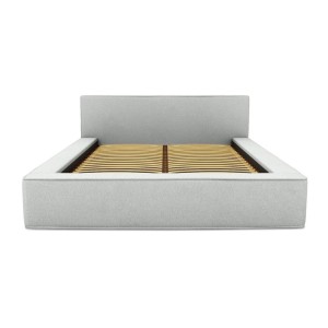 Lit coffre DENALI – Blanc bouclé – 140x200 cm – Tissu effet laine – Sommier relevable – Rangement intégré 