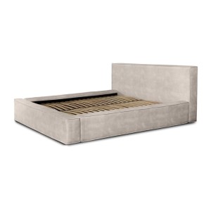 Lit coffre DENALI – Sable – 180x200 cm – Tissu velours doux – Sommier relevable – Rangement intégré 