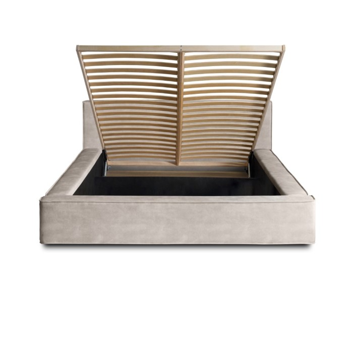 Lit coffre DENALI – Sable – 180x200 cm – Tissu velours doux – Sommier relevable – Rangement intégré 