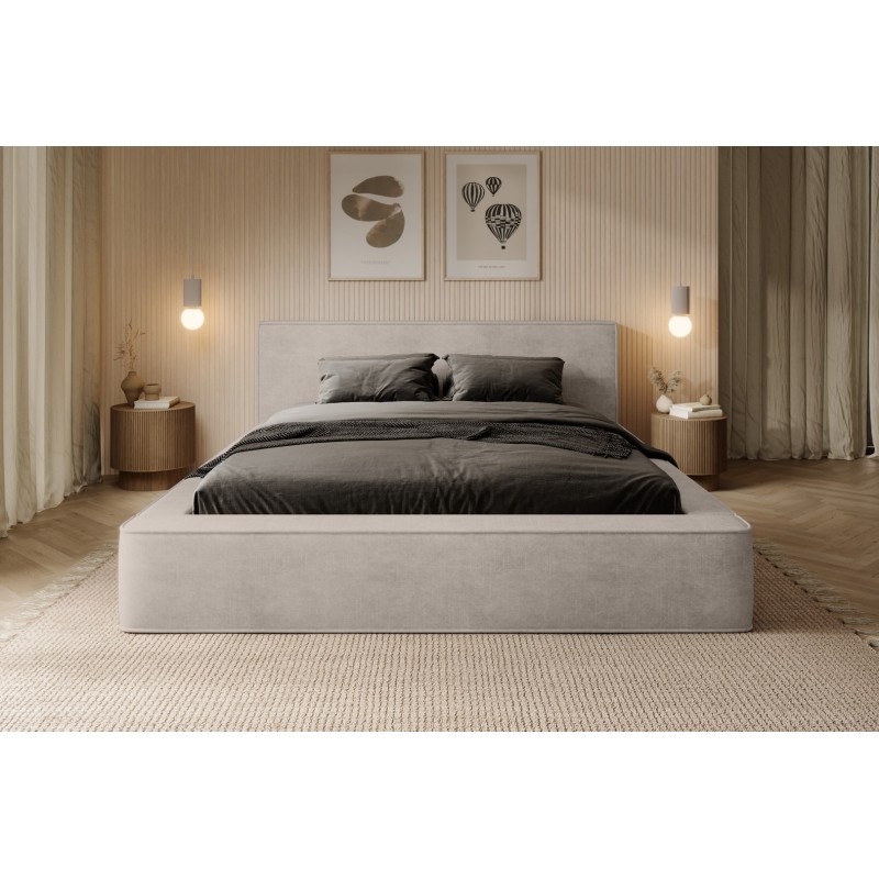 Lit coffre DENALI – Sable – 160x200 cm – Tissu velours doux – Sommier relevable – Rangement intégré