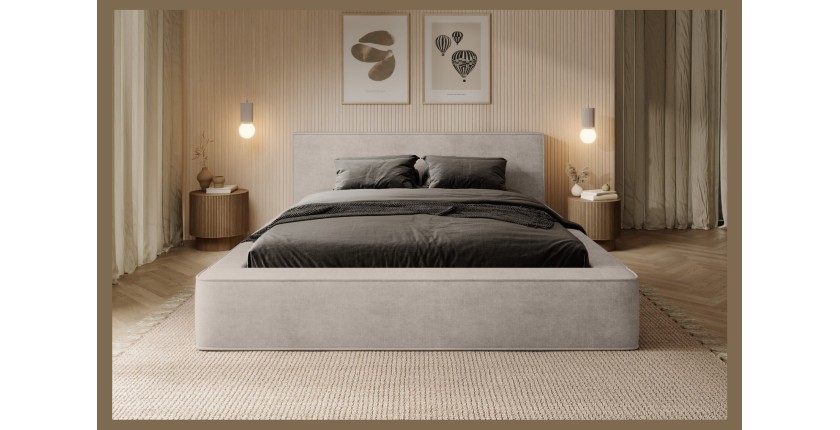 Lit coffre DENALI – Sable – 160x200 cm – Tissu velours doux – Sommier relevable – Rangement intégré