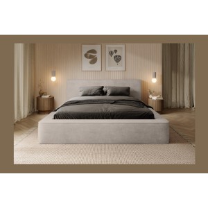Lit coffre DENALI – Sable – 160x200 cm – Tissu velours doux – Sommier relevable – Rangement intégré