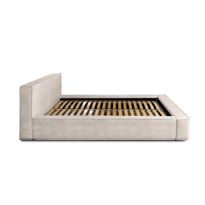 Lit coffre DENALI – Sable – 140x200 cm – Tissu velours doux – Sommier relevable – Rangement intégré 