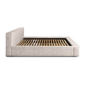 Lit coffre DENALI – Sable – 140x200 cm – Tissu velours doux – Sommier relevable – Rangement intégré 