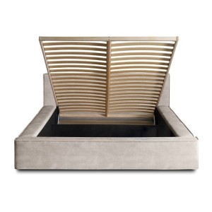 Lit coffre DENALI – Sable – 140x200 cm – Tissu velours doux – Sommier relevable – Rangement intégré 