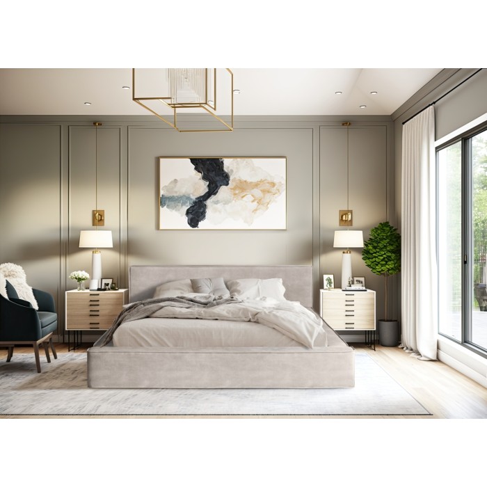 Lit coffre DENALI – Sable – 140x200 cm – Tissu velours doux – Sommier relevable – Rangement intégré 