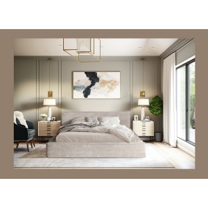 Lit coffre DENALI – Sable – 140x200 cm – Tissu velours doux – Sommier relevable – Rangement intégré 