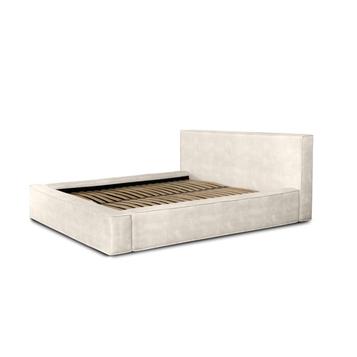 Lit coffre DENALI – Perle – 180x200 cm – Tissu velours doux – Sommier relevable – Rangement intégré 