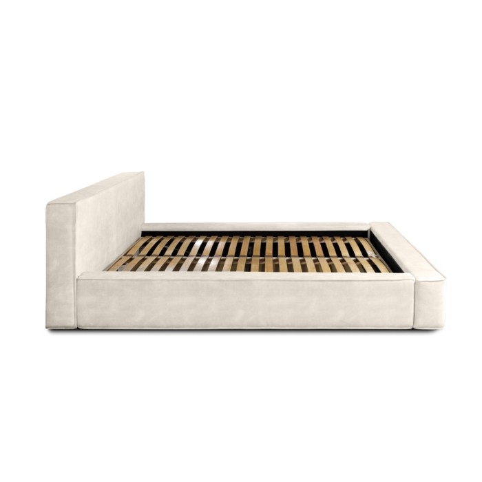 Lit coffre DENALI – Perle – 180x200 cm – Tissu velours doux – Sommier relevable – Rangement intégré 