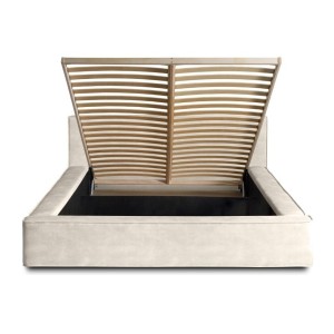 Lit coffre DENALI – Perle – 180x200 cm – Tissu velours doux – Sommier relevable – Rangement intégré 